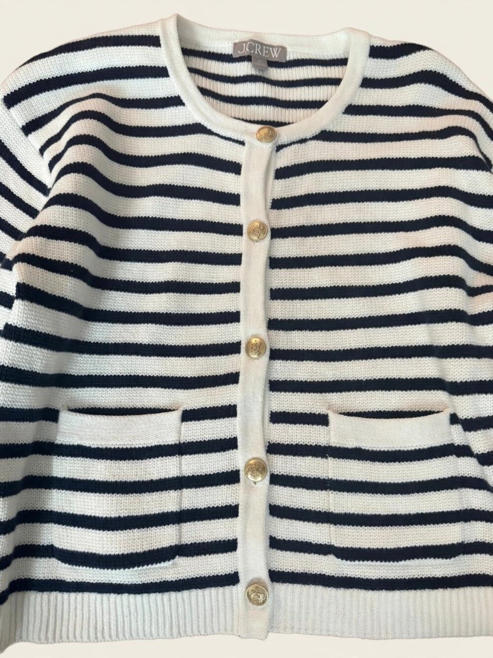 J.Crew Navy & White Striped Cardigan Sweater Gold Buttons Pockets — Size M